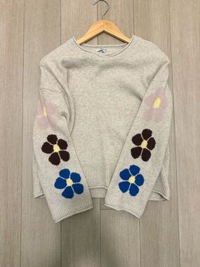 Madewell Cream Crewneck Sweater with Multicolor Floral Sleeves